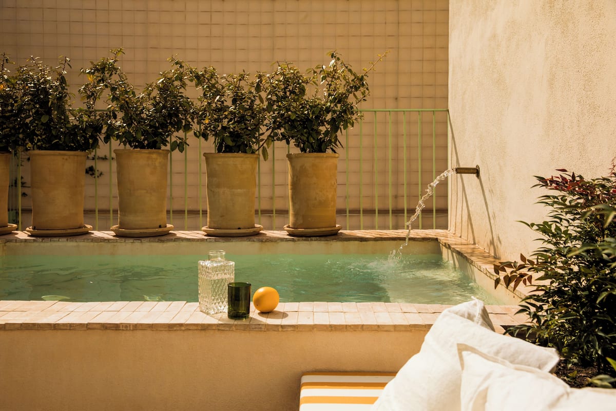 A pool with potted plants, a glass of water, and a lemon on the edge.