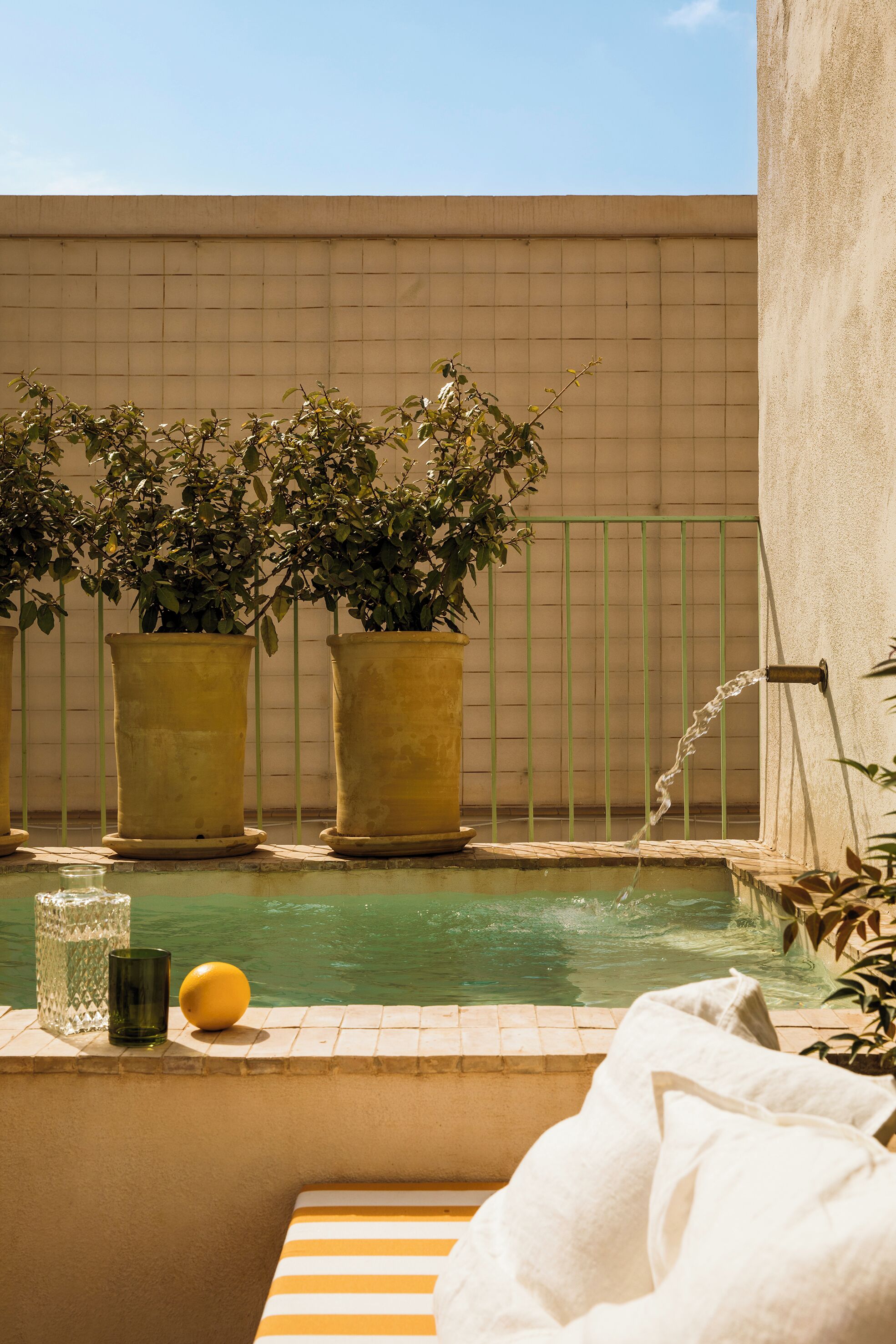 Zona de piscina con plantas en macetas, fuente de agua y una tumbona.