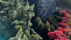 Cartel de Townhouse Fallsview, con un muro de piedra y flores rojas.
