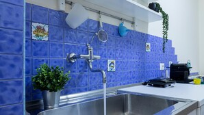 A kitchen with blue tiles, a stainless steel sink, and a potted plant.