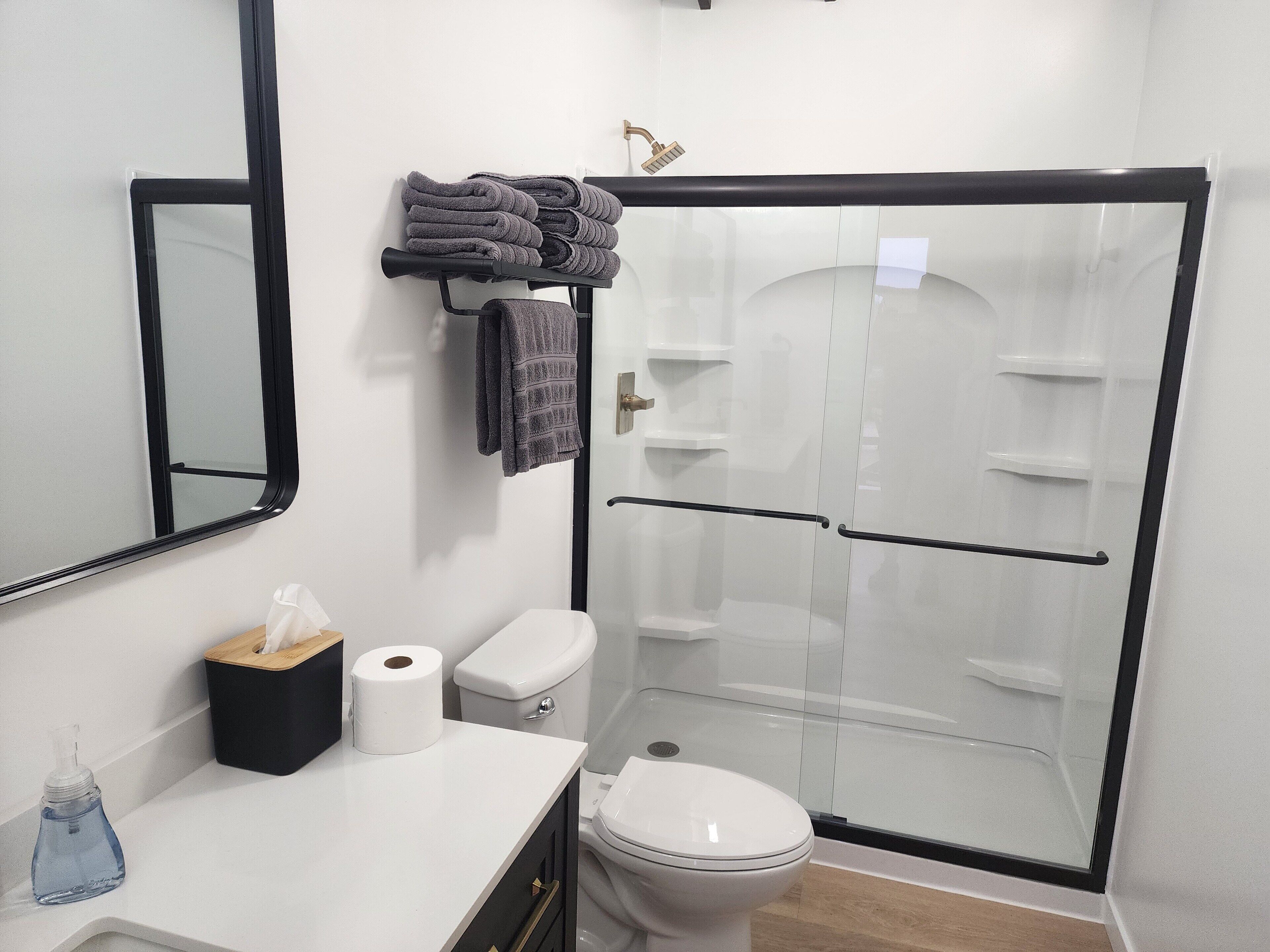 Shower, towels, soap, toilet paper