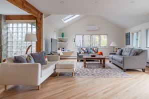 TV, fireplace, books, stereo