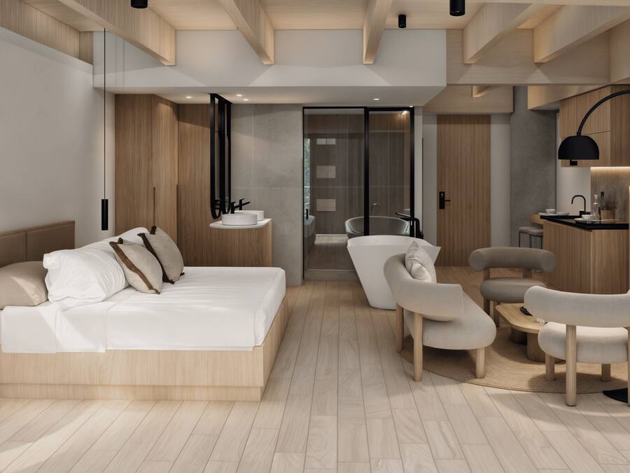 Suíte superluxo, 1 cama King, sacada, vista para a cidade | Frigobar, cofres nos quartos, escrivaninha