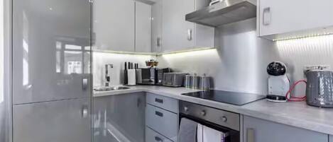 Deluxe Apartment | Private kitchen | Full-size fridge, microwave, oven, stovetop