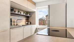 Eine moderne Küche mit Einbauherd, einem Fenster mit Blick auf Gebäude und einem Regal mit Pflanzen.