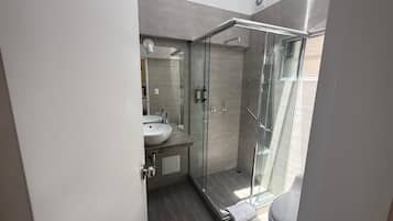 A modern bathroom with a glass-enclosed shower, a sink, and a toilet.