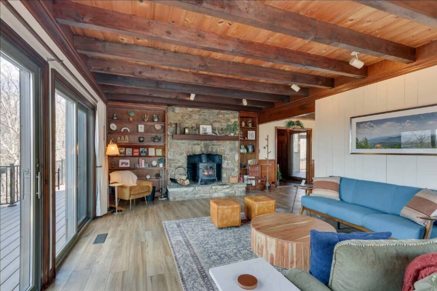 TV, fireplace, books, stereo