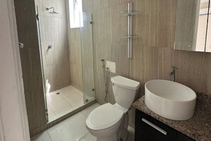 Hair dryer, towels, soap, toilet paper