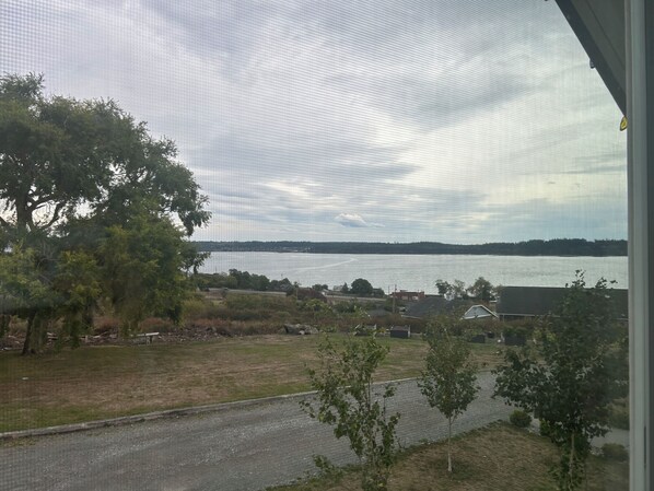 A view of a lake with a road in the foreground and a building in the background.