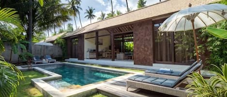 A modern house with a swimming pool, outdoor seating, and lush greenery.
