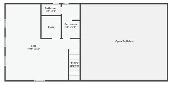 A floor plan with a loft measuring 19'10" x 24'3", two bathrooms, a closet, and a staircase leading downstairs.