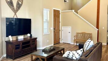 Smart TV, fireplace, video games, DVD player