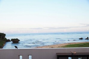 A coastal view with a bird on a ledge, a beach, and a rocky outcrop in the distance. - Ocean Therapy House (Onna)