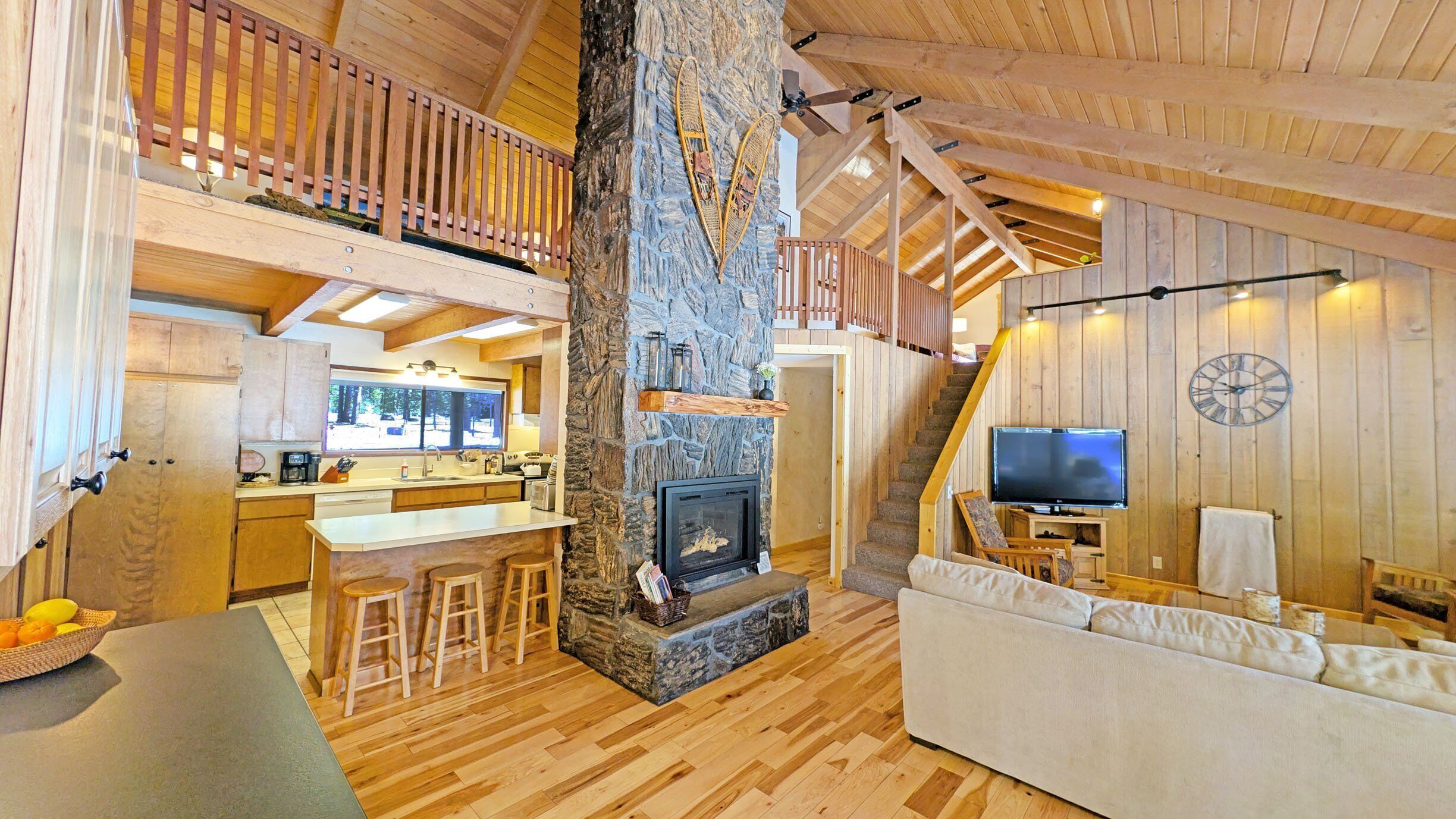 TV, fireplace, books