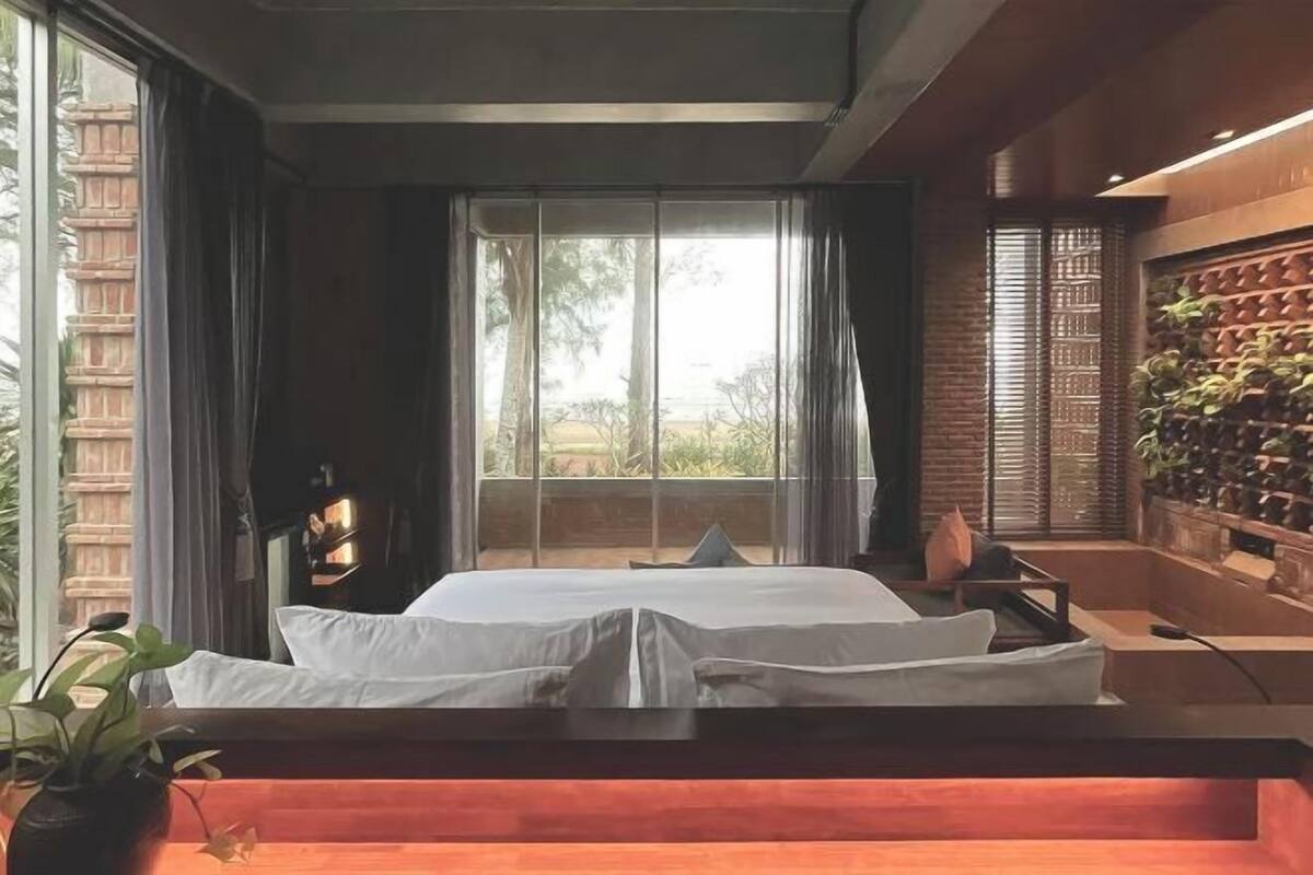 A hotel room with a bed, a desk, a potted plant, and a view of greenery outside.