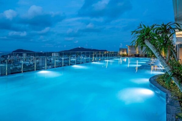 A rooftop infinity pool with a glass railing, surrounded by plants and overlooking a cityscape at dusk.
