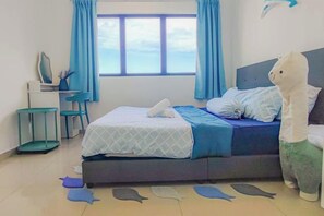 A bedroom with a bed, a desk, a chair, and a window with curtains. - Fluffy Stay at Huni Setia Alam by HCK (Shah Alam)
