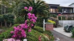 A modern house with a driveway, a parked car, and a garden with pink flowers. - TangWu (Ito)