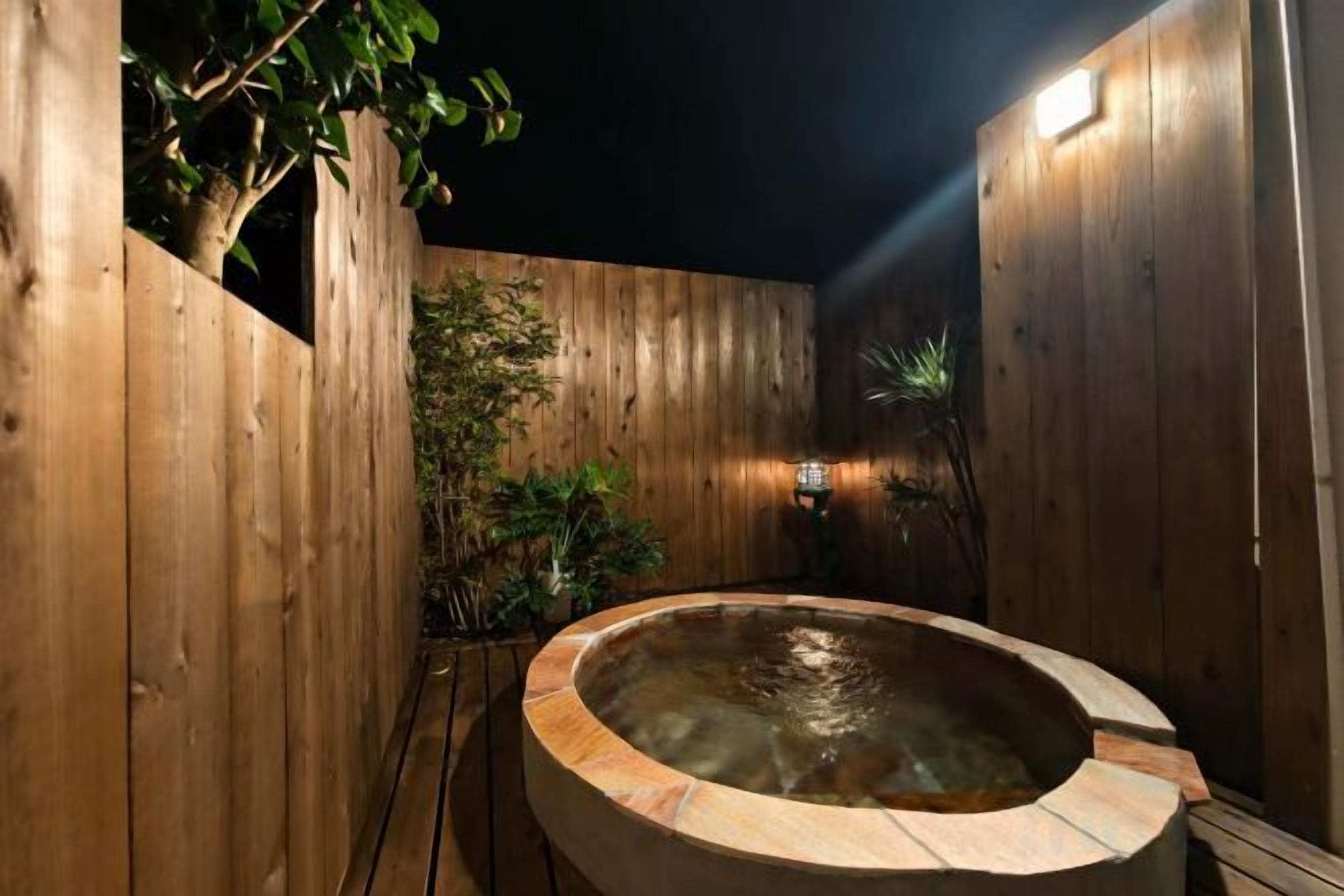Área externa cercada por madeira, com hidromassagem, deck de madeira e plantas em vasos.
