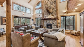 Smart TV, fireplace, DVD player, foosball