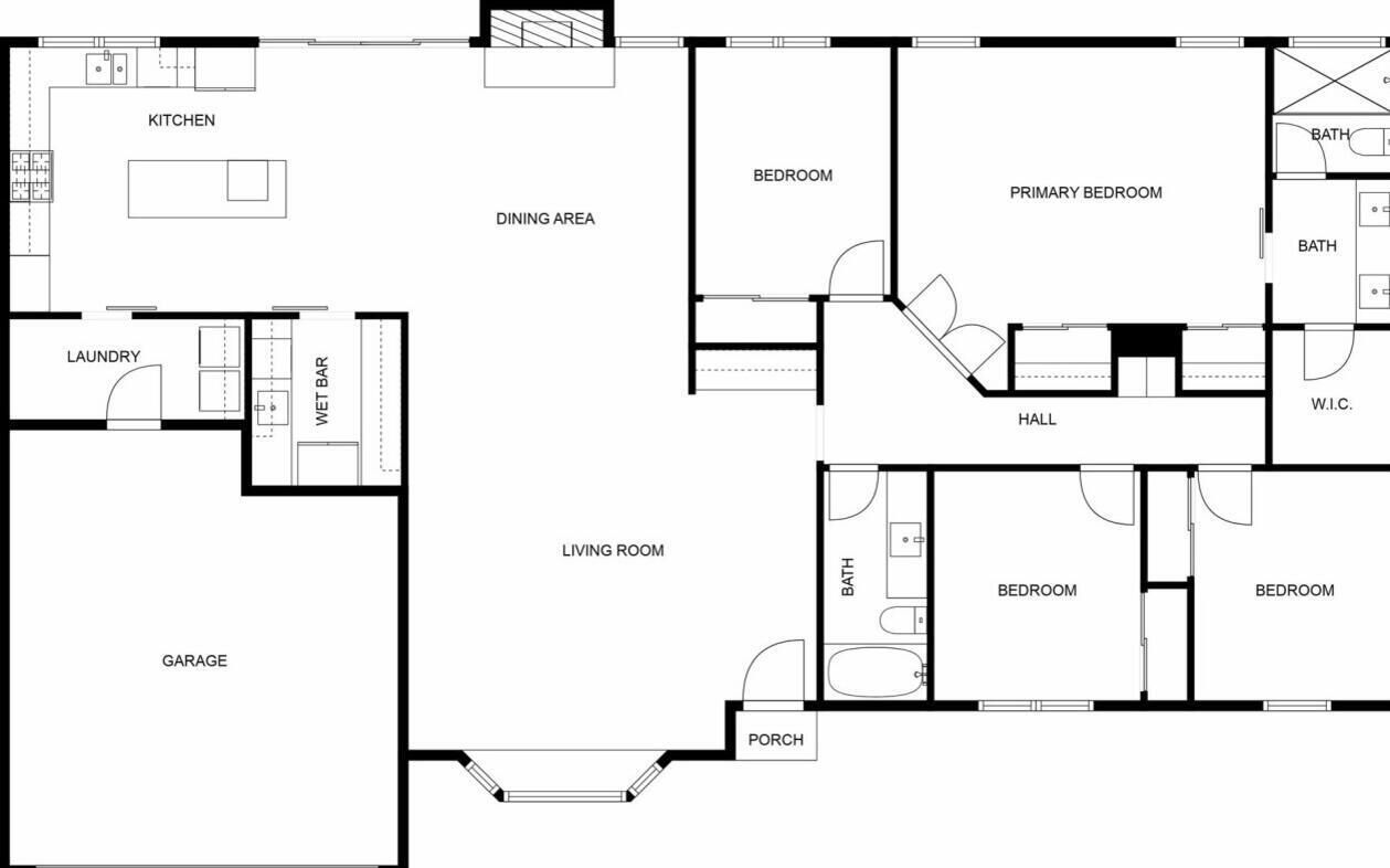 A floor plan with a kitchen, dining area, living room, two bedrooms, a bathroom, a wet bar, a laundry room, a garage, and a hall.