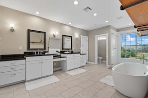 Shower, hair dryer, towels, shampoo