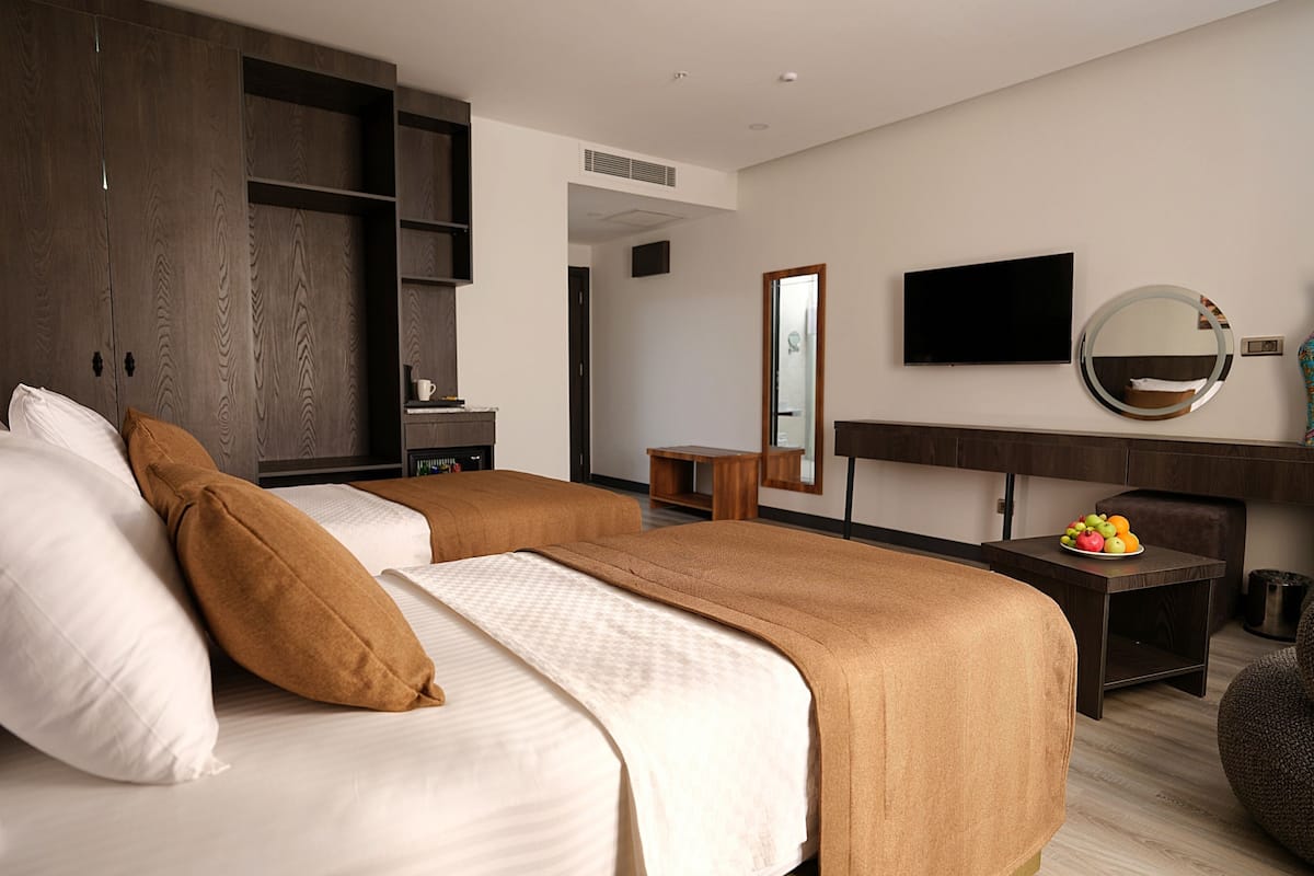 A hotel room with a bed, a desk, a TV, and a mirror.