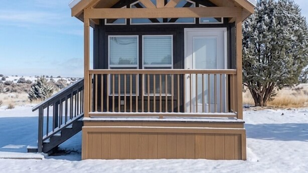 A small cabin with a wooden deck and a staircase leading to the entrance. - Star Gazing Chalet: Closest to South Rim (20 Min),King Bed/Loft (Williams)
