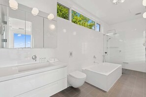 Hair dryer, towels, soap, shampoo