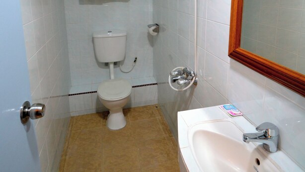 Un baño con inodoro, lavamanos y ducha.