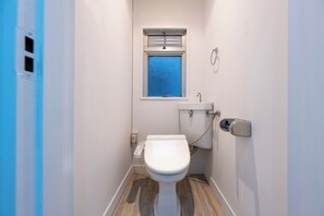 Hair dryer, towels, soap, toilet paper