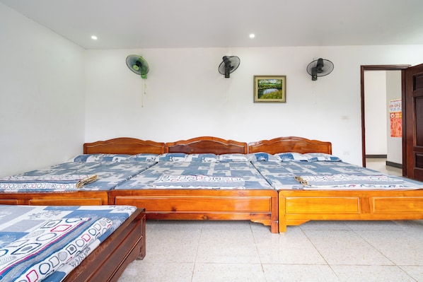 Dormitorio compartido panorámico, varias camas, vistas al jardín | Colchones con acolchado adicional, caja fuerte, escritorio