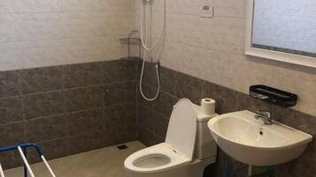 A bathroom with a toilet, sink, and a window.