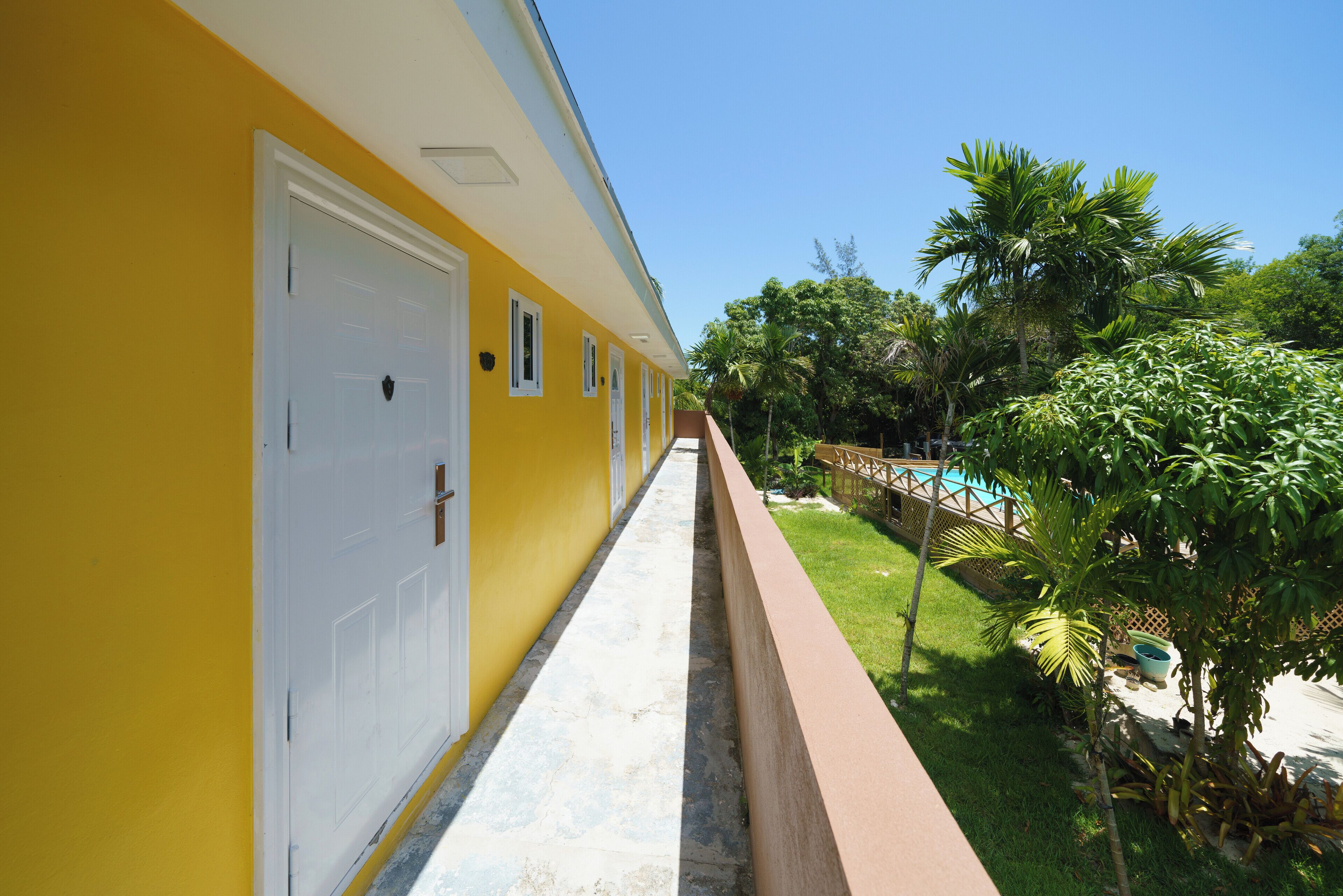 Un bâtiment jaune avec une porte blanche, un chemin en béton et un espace piscine agrémenté de palmiers.