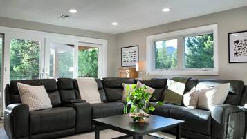 Smart TV, fireplace, books