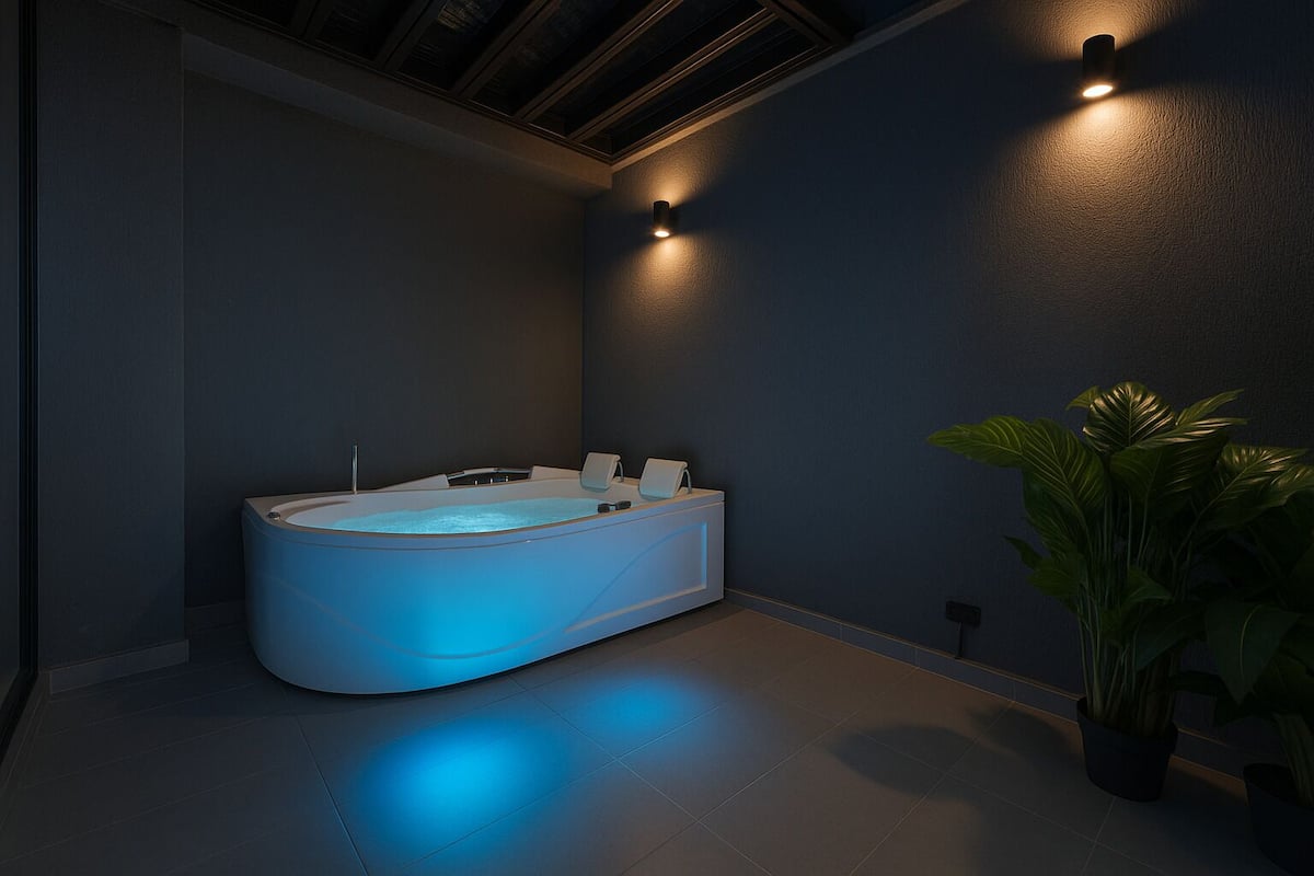 Une salle de bain moderne avec une baignoire sur pieds, un éclairage encastré dans les murs et une plante en pot.