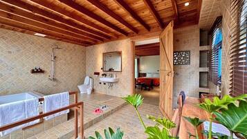 Standard Double Room, Balcony, Garden View | Bathroom | Separate bathtub and shower, hair dryer, slippers, towels