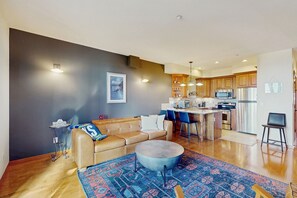 TV, fireplace, books