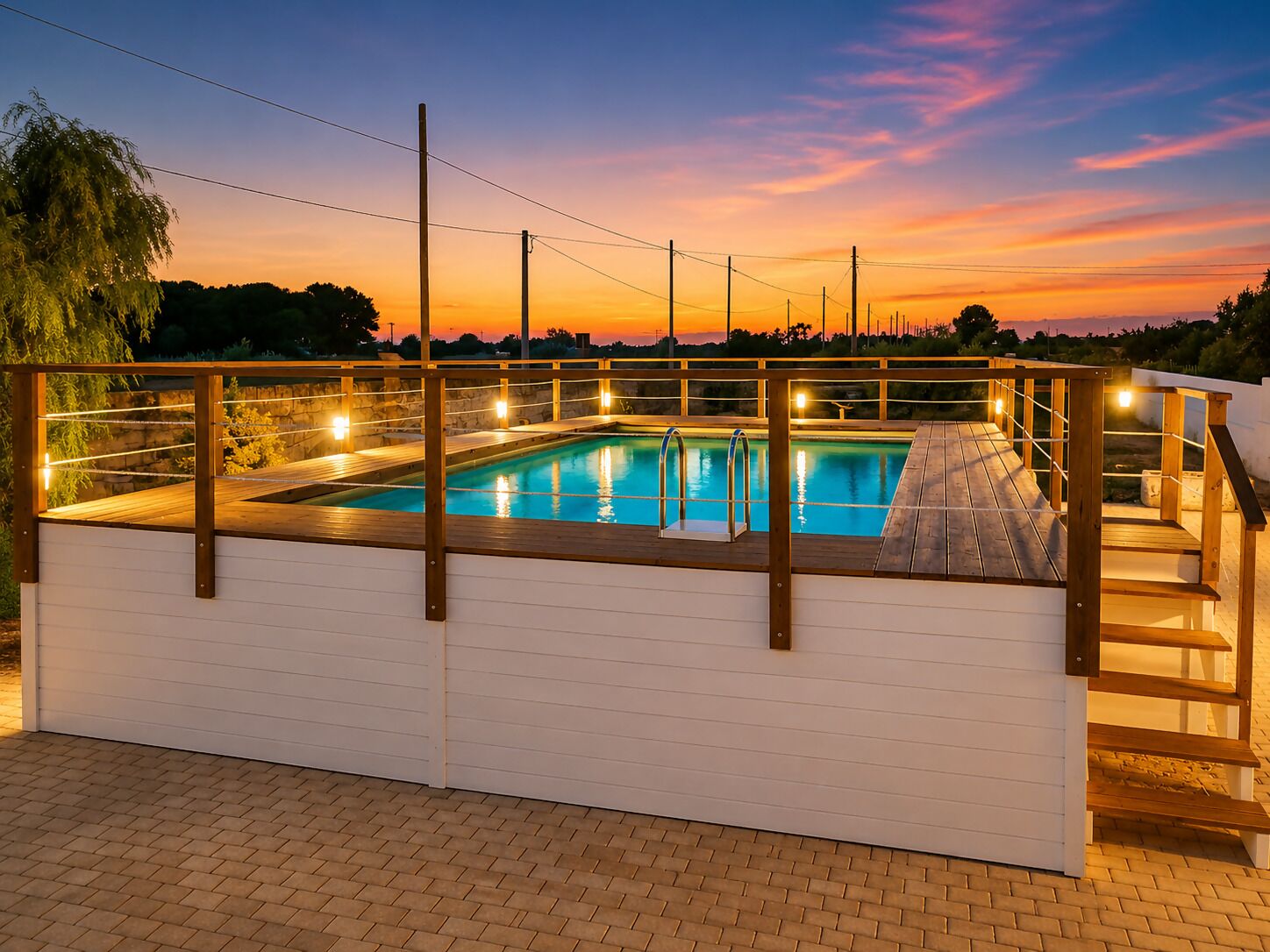 Ein rechteckiger Pool mit Holzterrasse und Metallgeländern, umgeben von einer weißen Mauer.