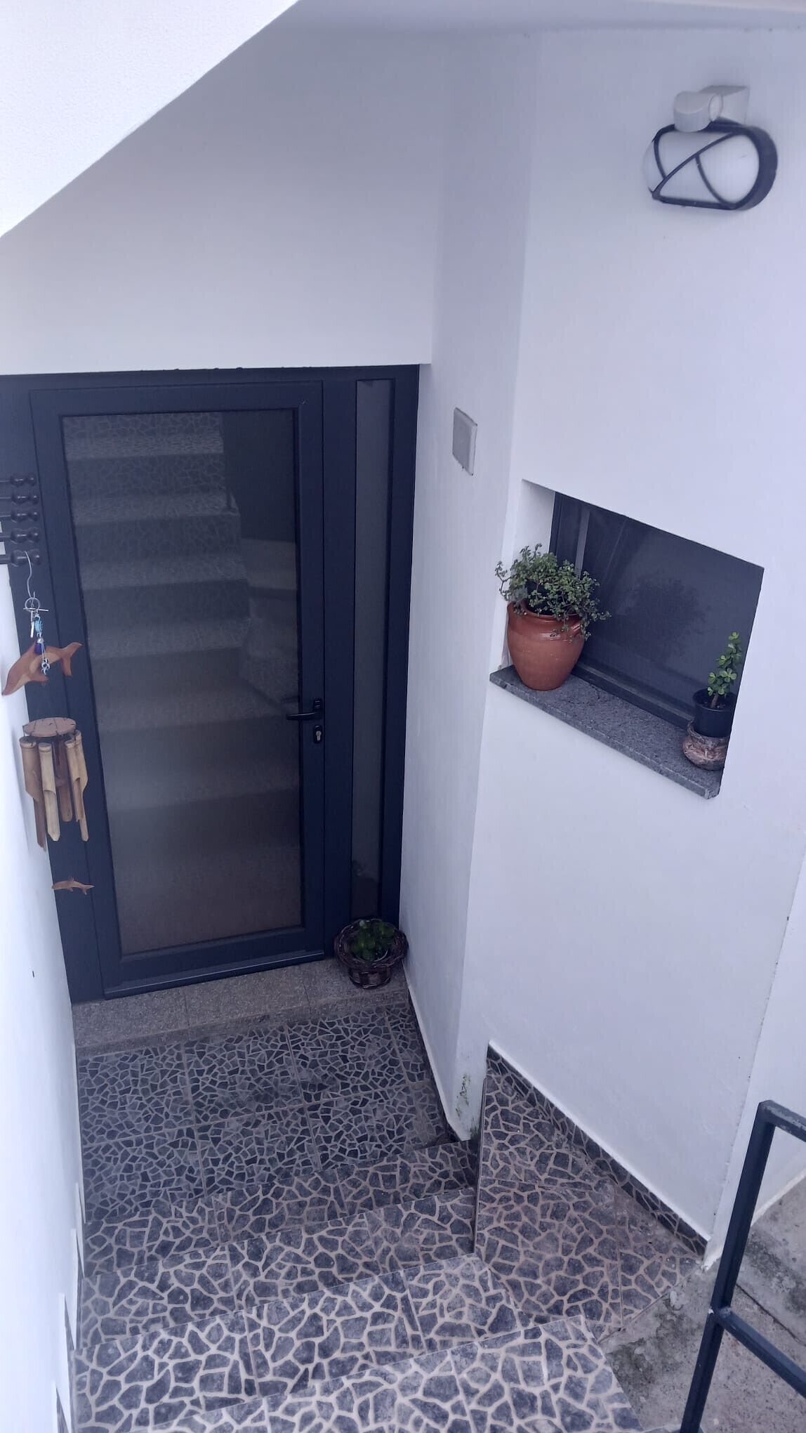 Ein kleiner Außenbereich mit gefliestem Boden, einer dunklen Tür und einem Blumentopf auf einem Podest.