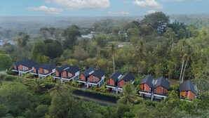 Une rangée de maisons modernes à deux étages, dotées de toits plats, entourées d’une végétation tropicale luxuriante.