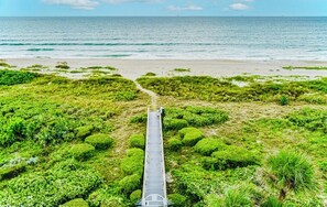 A pathway leading to a beach with green vegetation and a clear view of the ocean. - What is missing from this Oceanside vacation  paradise?“YOU” (Cape Canaveral)
