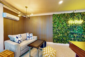 TV, foosball, table tennis, books