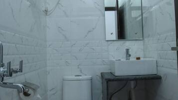 Hair dryer, towels, toilet paper