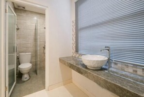 Un baño con cabina de ducha de vidrio, inodoro blanco y encimera de mármol con lavamanos sobre ella.