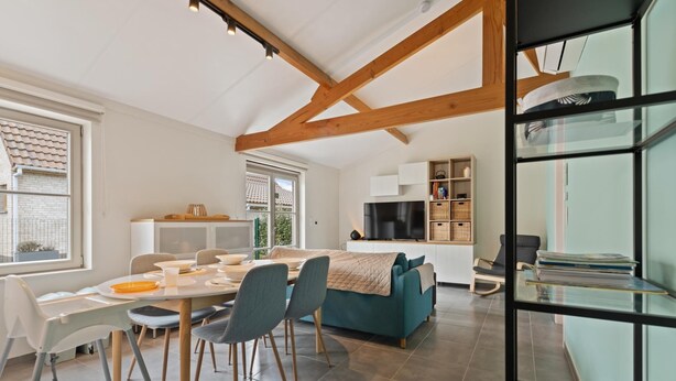 A modern kitchen with a dining area, a sofa, and a TV.