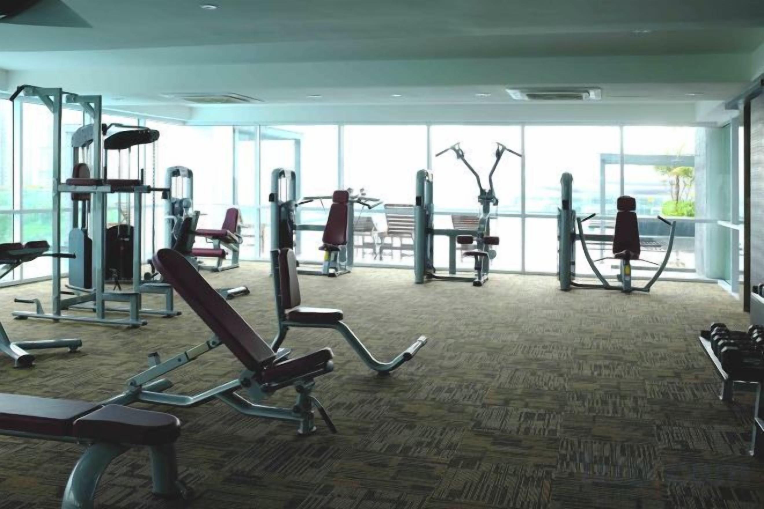 A gym with various exercise equipment, large windows, and a carpeted floor.