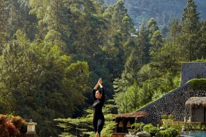A person performing a yoga pose in a lush, green outdoor setting with a stone wall and traditional architecture in the background. - Joglo Ageng Guci Tegal (Bumijawa)