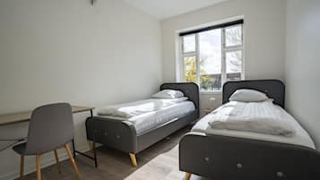 Un dormitorio con dos camas individuales, un escritorio y una silla.