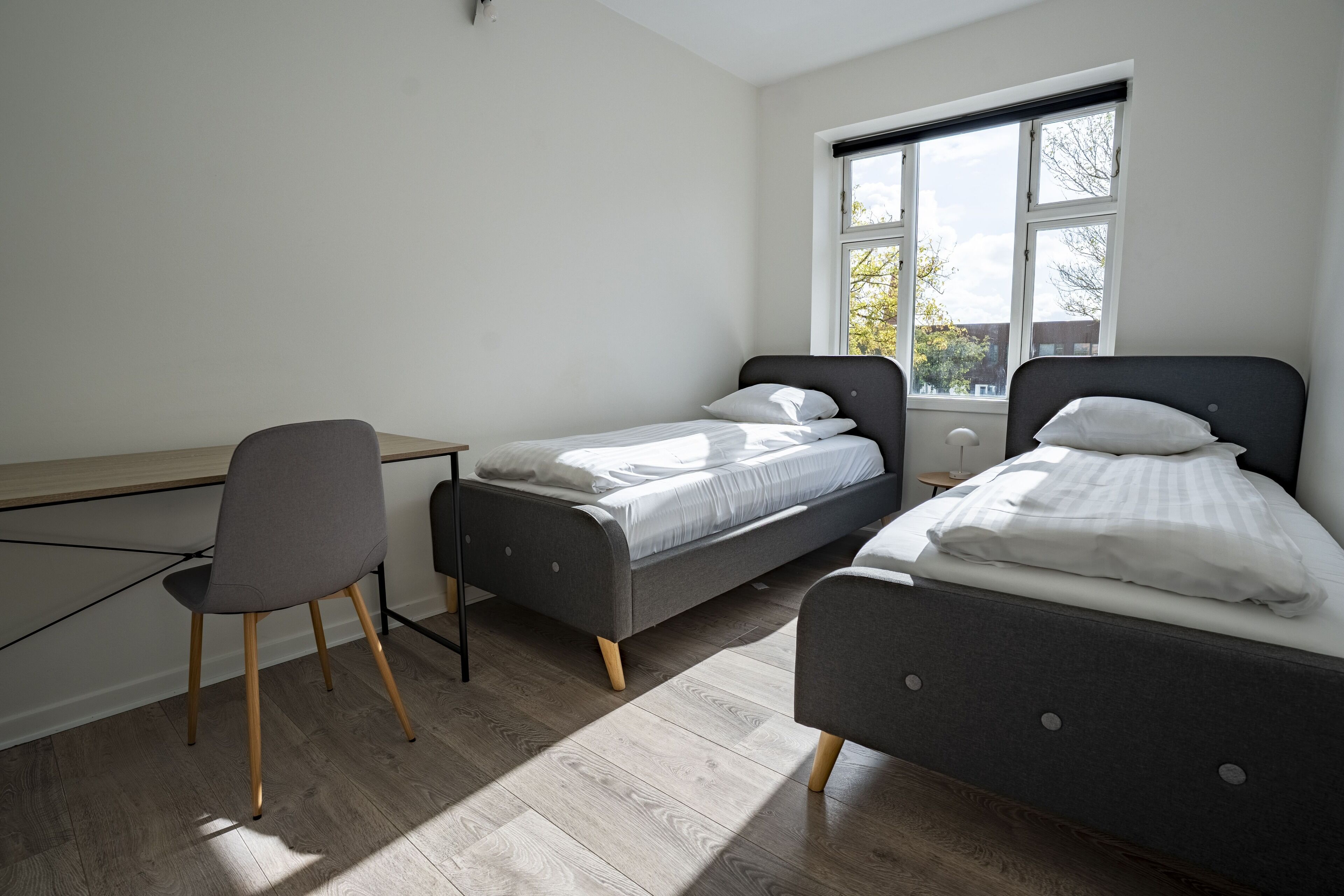 Un dormitorio con dos camas individuales, un escritorio y una silla.